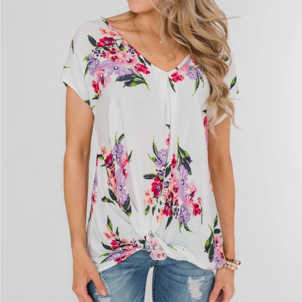 Ivory Floral Twist Front Short Sleeve Top M‎ - Picture 10 of 14
